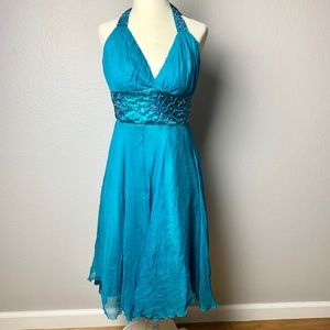 Georgiou Studio Blue Beaded Halter Silk Dress